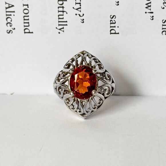 Vintage Kabana Sterling Silver Filigree Ring w/ Orange Gemstone, Size 7 - Picture 3 of 4